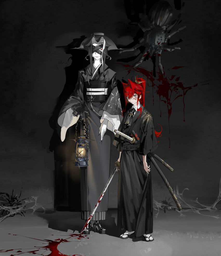 2girls absurdres animal_ears bandage_over_one_eye black_background black_dress black_footwear black_hair black_hat black_jacket black_kimono black_nails black_necktie black_sash black_sleeves blood blood_on_face blood_stain blue_eyes bug chinese_commentary closed_mouth collared_shirt commentary_request dress expressionless fingernails floral_print flower full_body hair_between_eyes hair_flower hair_ornament haori height_difference high_heels highres holding holding_lantern holding_sword holding_weapon huohuoguang jacket japanese_clothes katana kimono lantern layered_sleeves long_dress long_hair long_sleeves looking_at_viewer multiple_girls necktie obi original pale_skin parted_lips ponytail red_hair sandals sash sharp_fingernails sheath sheathed shirt short_hair silk smile socks spider spider_web sword tabi weapon white_shirt white_socks wide_sleeves wolf_ears yellow_eyes zouri