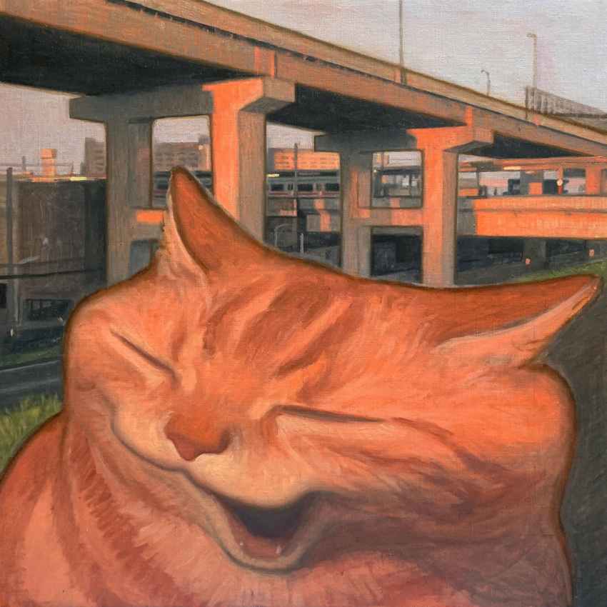 animal_focus bridge closed_eyes commentary_request evening highres karin_hosono no_humans open_mouth orange_cat original outdoors painting_(medium) solo traditional_media upper_body yawning