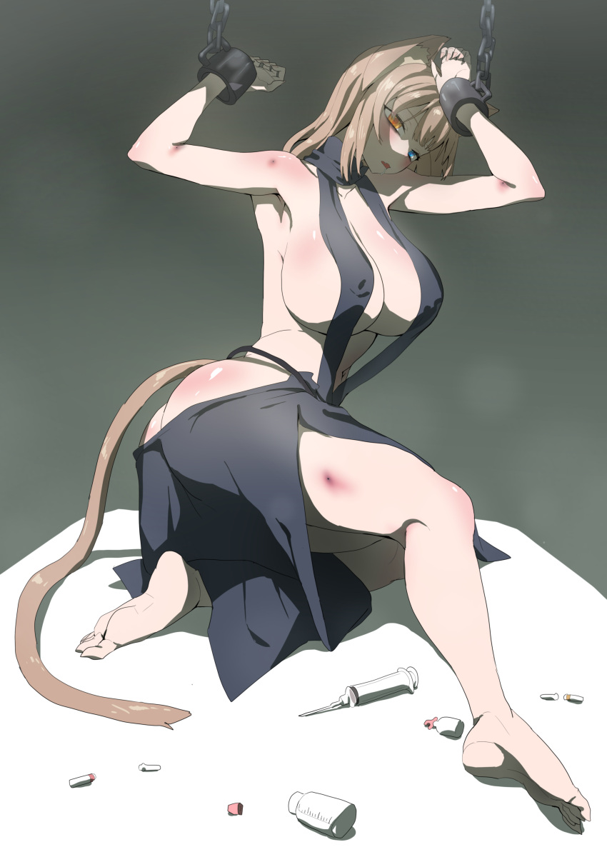 1girl absurdres animal_ears ass backless_dress backless_outfit barefoot bdsm bondage bound breasts cleavage cuffs dress drugged heterochromia highres injury large_breasts original partially_undressed shackles sigyongtoggi solo tail thighs