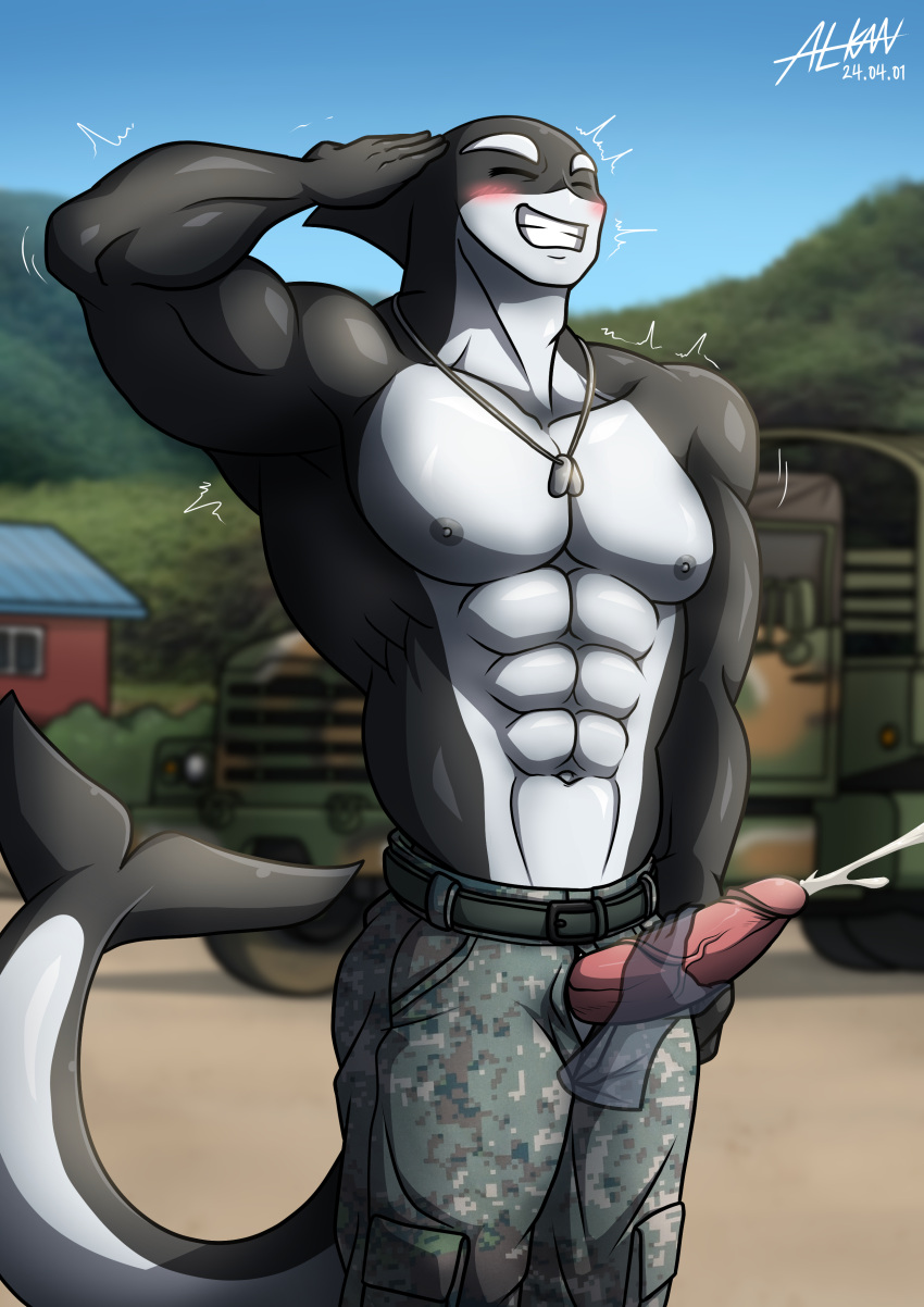 abs absurd_res alkan anthro big_pecs big_penis black_body bodily_fluids bottomwear cetacean clothed clothing cum cumshot dolphin dovel ejaculation erection genital_fluids genitals gesture handjob hi_res identification jewelry male male/male mammal marine masturbation military military_pants military_vehicle moobs multicolored_body muscular muscular_anthro muscular_male navel necklace nipples oceanic_dolphin open_bottomwear open_clothing open_pants orca pants pecs penile penis pink_penis salute sex soldier solo teeth toothed_whale topless topless_anthro topless_male two_tone_body vein veiny_penis warrior white_body yellow_eyes
