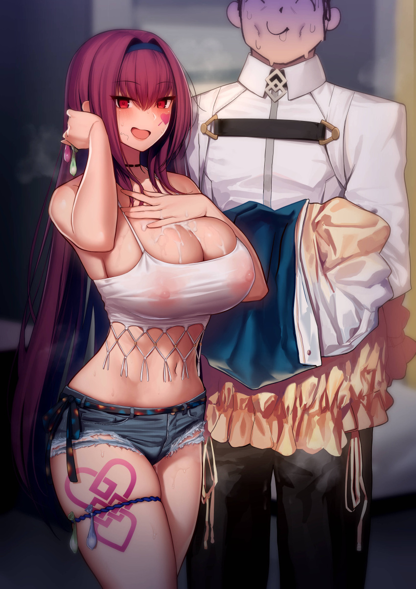 1boy 1girl absurdres after_sex blush breasts camisole condom condom_belt condom_thigh_strap covered_nipples crop_top cum cum_on_body cutoffs denim denim_shorts facepaint fate/grand_order fate_(series) hair_intakes hand_on_own_chest heart highres holding holding_condom huge_breasts leg_tattoo long_hair looking_at_viewer lun7732 nervous_sweating purple_hair scathach_(fate) short_shorts shorts smile sweat sweaty_clothes tattoo thigh_strap tucking_hair used_condom very_long_hair white_camisole