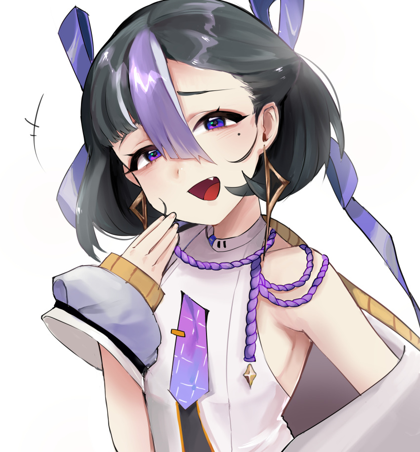 1girl absurdres black_hair earrings fang goddess_of_victory:_nikke guaiava1 hair_ribbon highres jewelry laughing looking_at_viewer medium_hair mole mole_under_eye multicolored_hair open_mouth purple_eyes purple_hair purple_ribbon ribbon shirt sleeveless sleeveless_shirt smile smug solo streaked_hair syuen_(nikke) tongue white_background white_hair white_shirt