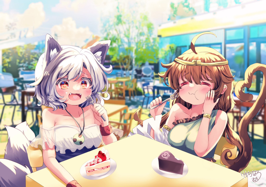 2girls animal_ears brown_hair cake cake_slice closed_eyes commentary detached_sleeves dog_ears dog_girl dog_tail dress eating food fork green_shirt highres holding holding_fork jewelry kemo_chiharu mitsugashira_enoko monkey_girl monkey_tail multicolored_hair multiple_girls multiple_tails purple_hair purple_shirt shirt single-shoulder_dress single_detached_sleeve son_biten sparkling_eyes tail touhou two-tone_hair upper_body white_hair