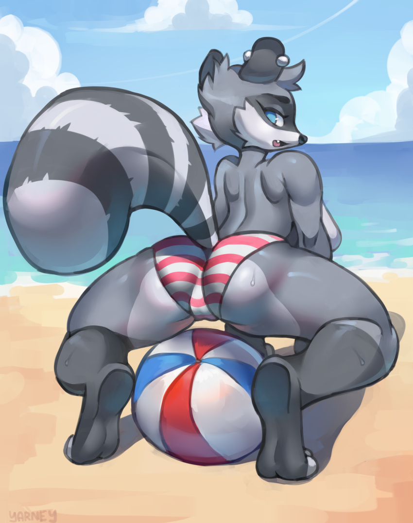 anthro ball beach beach_ball biped breasts butt clothed clothing female hi_res inflatable mammal pattern_clothing procyonid raccoon rear_view solo striped_clothing stripes tail yarney