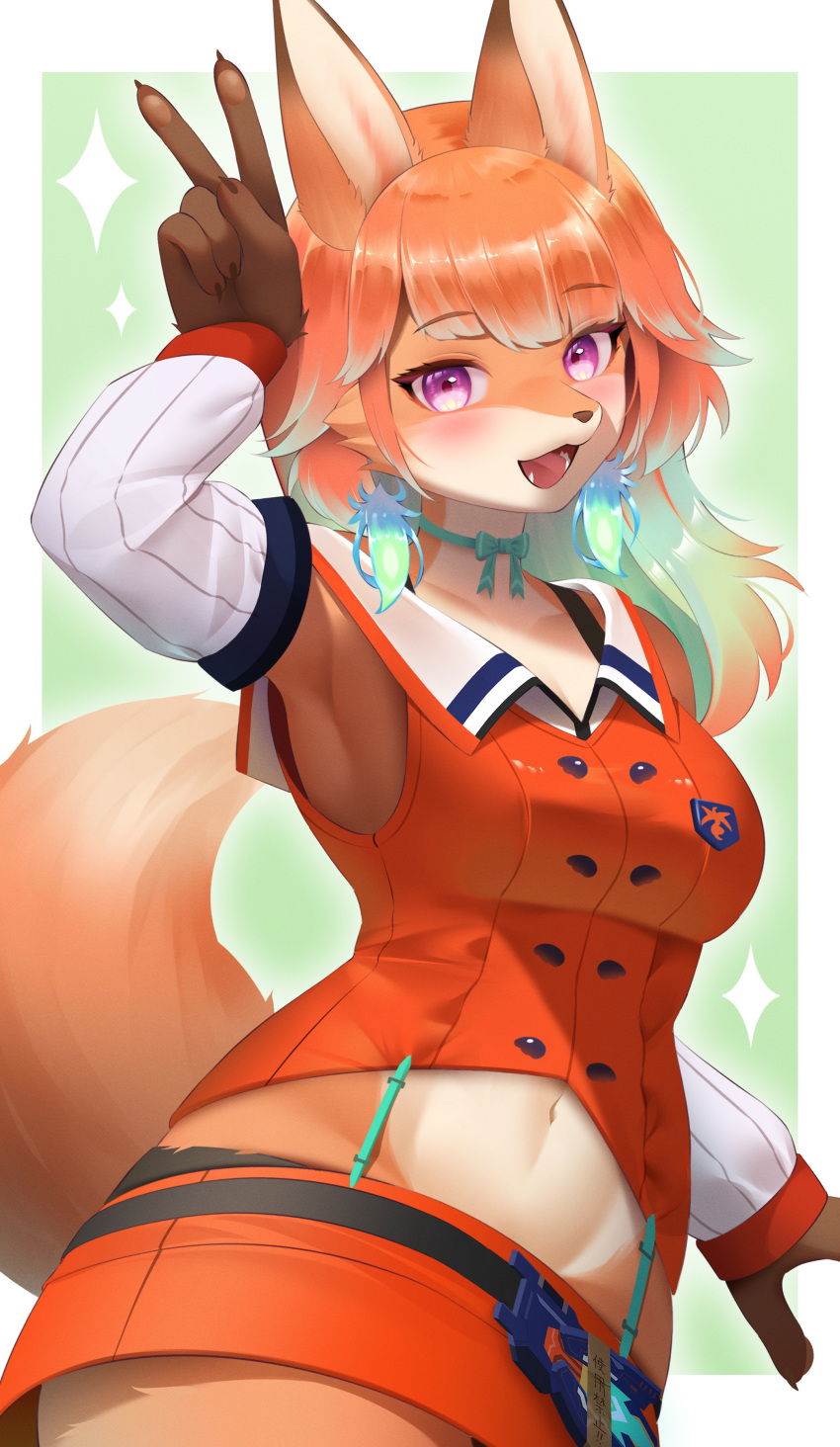 1girl absurdres animal_ear_fluff animal_ears armpits bow breasts detached_sleeves earrings feather_earrings feathers fox_ears fox_girl fox_tail furrification furry furry_female gradient_hair green_bow green_hair highres hololive hololive_english jewelry long_hair looking_at_viewer medium_breasts multicolored_hair navel open_mouth orange_fur orange_hair orange_skirt orange_vest pawpads purple_eyes sasayuki_(kemonoyou) shirt skirt snout solo tail takanashi_kiara takanashi_kiara_(1st_costume) vest virtual_youtuber white_fur