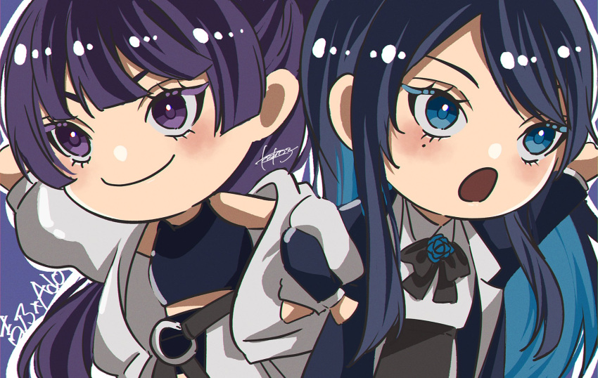 2girls ado_(utaite) arm_up black_bow black_bowtie black_hair black_shirt blue_background blue_brooch blue_eyes blue_hair bow bowtie chando_(ado) character_name chibi closed_mouth cloud_nine_inc colored_inner_hair commentary_request company_connection cowboy_shot crop_top flower_brooch highres jacket keeko_(kk_0012) locked_arms long_hair mole mole_under_eye multicolored_hair multiple_girls open_clothes open_jacket open_mouth outline ponytail purple_eyes shirt sidelocks signature sleeveless sleeveless_shirt smile translated two-tone_hair utaite white_jacket white_outline white_shirt yoshino_(utaite)
