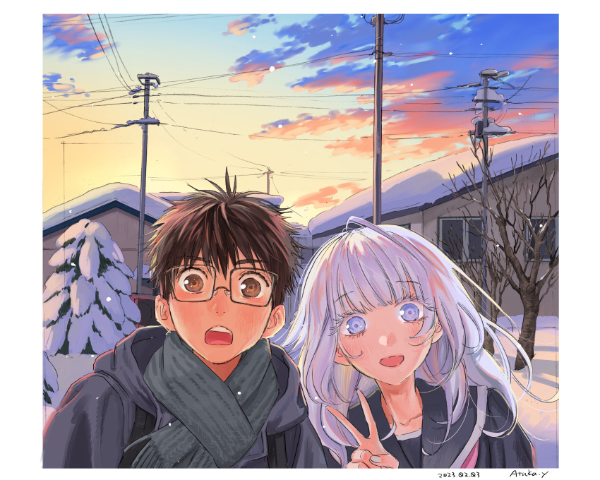 1boy 1girl absurdres black_hair black_serafuku blue_eyes blush brown_eyes cloud coat commentary_request couple glasses grey_hair hetero highres long_hair looking_at_viewer neckerchief open_mouth original outdoors pink_neckerchief school_uniform serafuku sky smile snow twilight v winter winter_clothes yamagata_atsuka