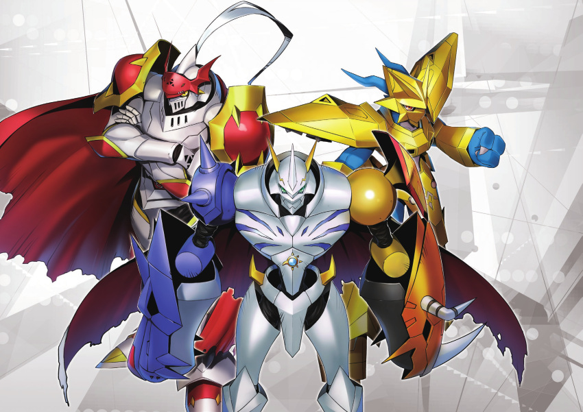 armor blue_skin clenched_hand colored_skin cowboy_shot crossed_arms digimon digimon_(creature) digimon_card_game dragon dukemon fewer_digits from_above gold_armor green_eyes highres horns knight long_hair looking_at_viewer looking_up magnamon mecha multiple_heads nakano_haito no_humans official_art omegamon robot second-party_source shoulder_armor spikes white_armor white_hair