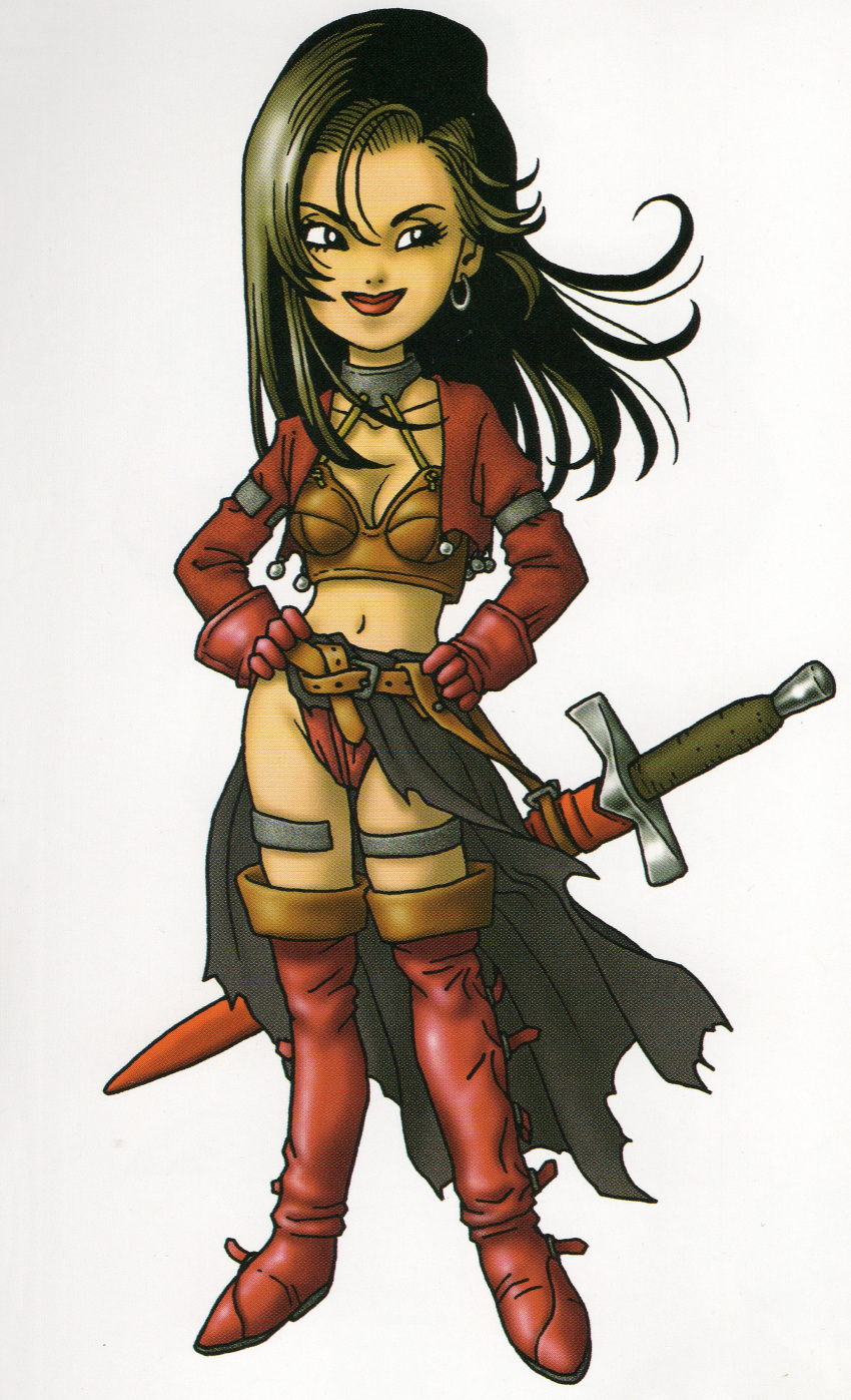 1girl absurdres aira_(dq7) armlet belt belt_boots black_cape black_eyes black_hair boots breasts brown_belt cape cleavage collarbone commentary contrapposto crop_top dragon_quest dragon_quest_vii earrings eyelashes facing_viewer floating_hair full_body gloves groin hair_between_eyes hair_over_shoulder half-closed_eyes halterneck hands_on_own_hips highres hoop_earrings jacket jewelry leather leather_boots leather_gloves lips long_hair loose_hair_strand midriff navel official_art red_footwear red_gloves red_jacket red_lips scabbard sheath sheathed sideways_glance simple_background skindentation smirk solo standing straight_hair swept_bangs sword thigh_boots thighlet toriyama_akira waist_cape weapon white_background zettai_ryouiki