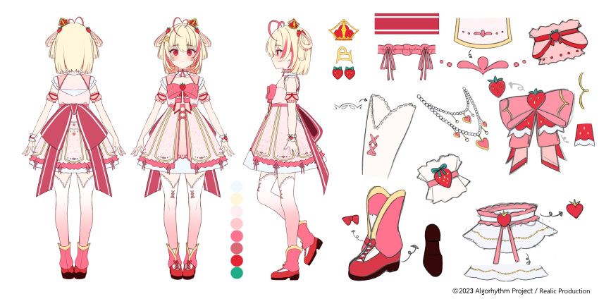 1girl absurdres akimotto algorhythm_project blonde_hair boots bow copyright_name dress food fruit hair_ornament highres jewelry medium_hair multicolored_hair necklace pantyhose pink_bow pink_footwear pink_hair poru_(algorhythm_project) second-party_source strawberry virtual_youtuber white_dress white_pantyhose