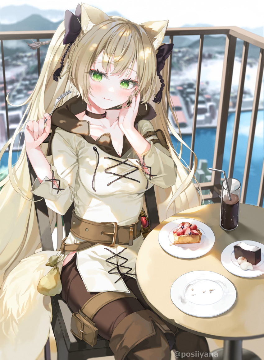 1girl animal_ears belt black_choker boots bow breasts brown_hair cake cake_slice choker cup day drinking_glass food green_eyes hair_bow highres knee_boots long_hair looking_at_viewer medium_breasts original outdoors sitting solo tail yana_mori