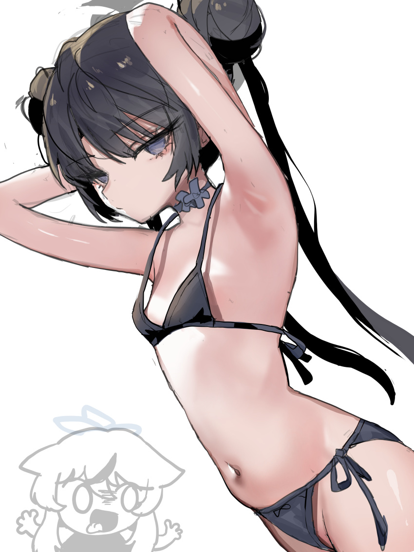 2girls absurdres armpits bare_arms bare_legs bare_shoulders bikini black_bikini black_hair blue_archive closed_mouth cowboy_shot double_bun flat_chest grey_eyes grey_halo groin hair_bun halo highres k8on kisaki_(blue_archive) kokona_(blue_archive) long_hair looking_at_viewer multiple_girls navel simple_background swimsuit twintails white_background