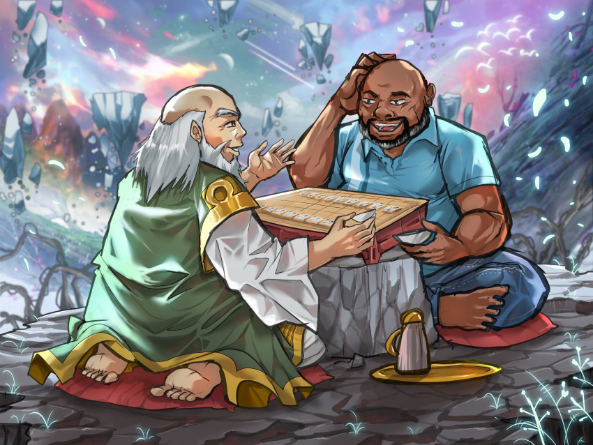 2boys absurdres avatar:_the_last_airbender avatar_legends bald beard branch brown_eyes crossover darkrobbe facial_hair highres iroh light male_focus multiple_boys old old_man open_mouth outdoors philip_banks shirt sitting smile the_fresh_prince_of_bel-air