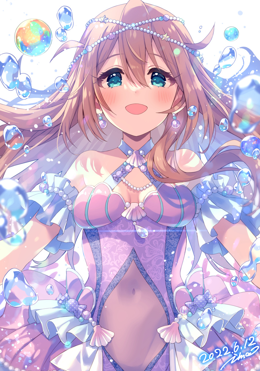 :d absurdres aqua_eyes artist_name baba_konomi bare_shoulders blush breasts cleavage covered_navel dated detached_sleeves dot_nose dress earrings eyelashes frilled_dress frills furrowed_brow hair_between_eyes highres idolmaster idolmaster_million_live! idolmaster_million_live!_theater_days ima_(lm_ew) jewelry looking_at_viewer official_alternate_costume official_alternate_hairstyle open_mouth pearl_earrings pearl_hair_ornament pink_dress see-through see-through_dress shell_hair_ornament sidelocks simple_background small_breasts smile straight_hair upper_body water_drop white_background