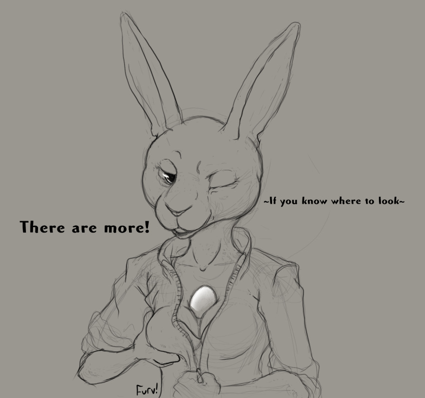 anthro bra breasts cleavage clothed clothing easter egg eye_contact female furvilous hi_res holidays lagomorph leporid looking_at_another mammal one_eye_closed rabbit sketch solo underwear unzipping wink