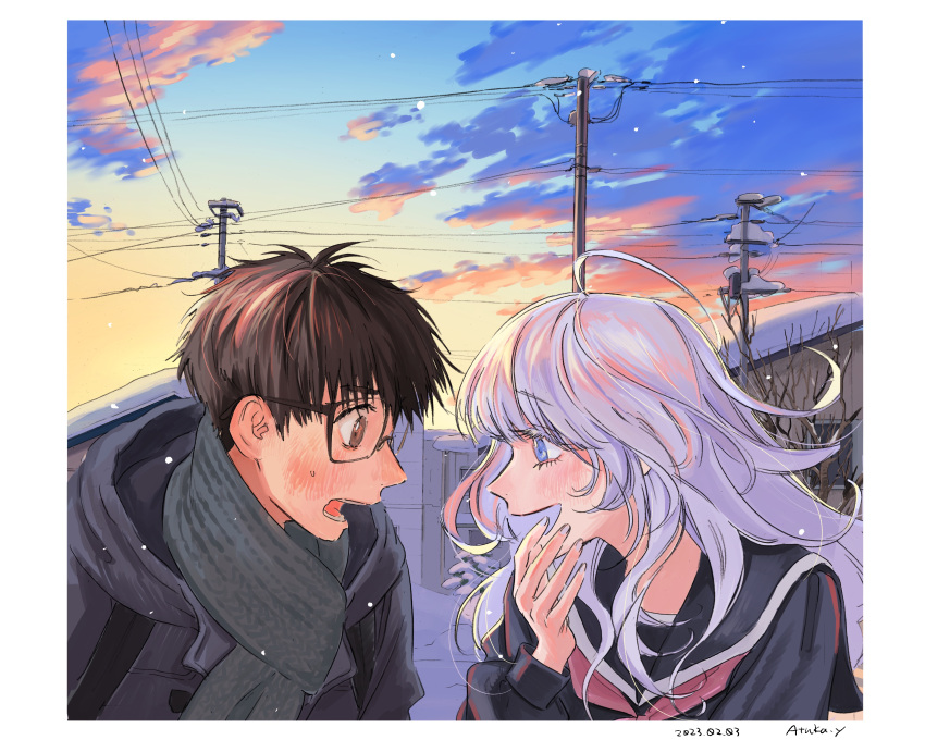 1boy 1girl absurdres black_hair black_serafuku blue_eyes blush brown_eyes cloud coat commentary_request couple eye_contact glasses grey_hair hetero highres long_hair looking_at_another neckerchief open_mouth original outdoors pink_neckerchief school_uniform serafuku sky smile snow twilight winter winter_clothes yamagata_atsuka