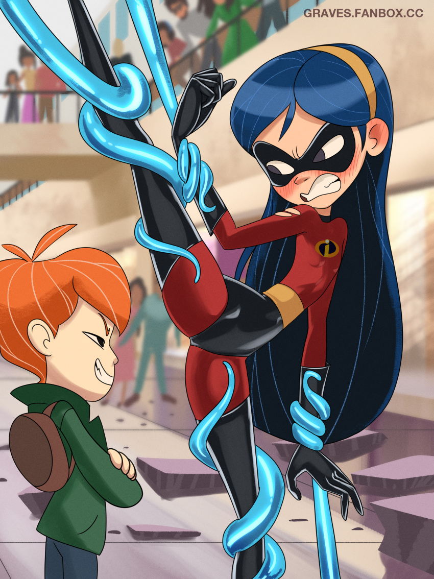 1boy 1girl absurdres bodysuit boots costume gloves graves_69 hairband highres latex latex_bodysuit latex_gloves leg_up long_hair mask panties_over_bodysuit restrained skin_tight superhero_costume tentacles the_incredibles thigh_boots violet_parr