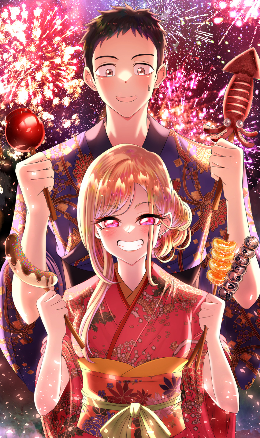 1boy 1girl absurdres aerial_fireworks blush brown_eyes candy_apple chocolate_banana dango ear_piercing festival fireworks food gojou_wakana grin hair_up highres holding holding_food japanese_clothes kimono kitagawa_marin mole mole_under_eye night noodle_bear outdoors piercing pink_eyes print_kimono red_kimono short_hair skewer smile sono_bisque_doll_wa_koi_wo_suru sweatdrop upper_body wagashi wide_sleeves