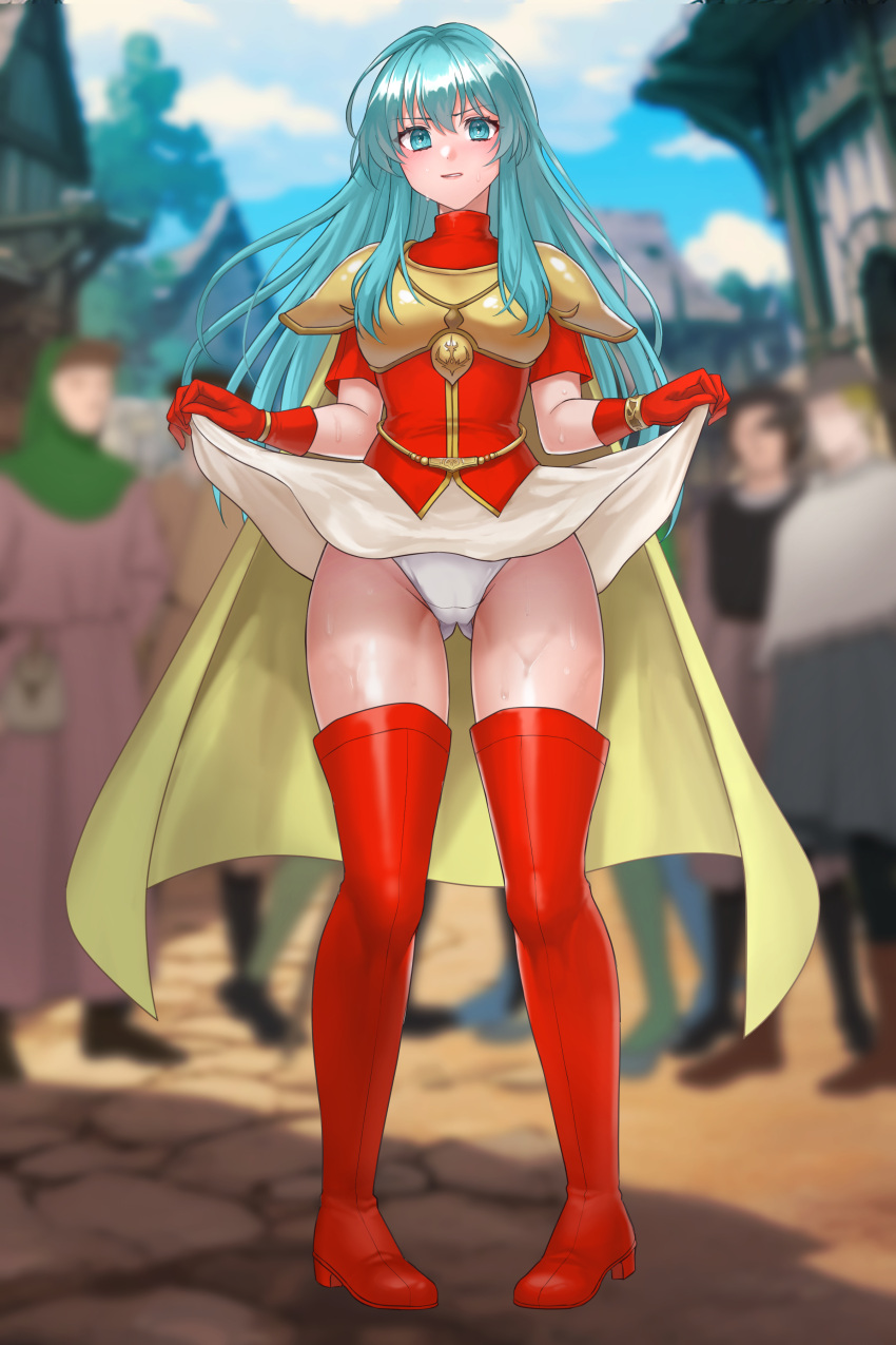 1girl absurdres angry aqua_eyes aqua_hair armor ass_visible_through_thighs blurry blurry_background blush boots breastplate cameltoe cape clothes_lift depth_of_field eirika_(fire_emblem) fire_emblem fire_emblem:_the_sacred_stones full-face_blush gloves groin hazuki_(nyorosuke) highres long_hair looking_at_viewer panties red_footwear red_gloves red_shirt red_thighhighs shirt short_sleeves skirt skirt_lift solo_focus sweat thigh_boots thighhighs turtleneck underwear white_panties white_skirt yellow_cape