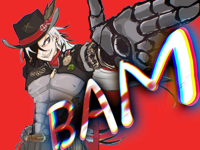 1boy asketchyyy belt belt_buckle black_hair black_hat boothill_(honkai:_star_rail) brown_belt buckle ear_piercing earrings hair_over_one_eye hat hat_feather highres honkai:_star_rail honkai_(series) jewelry long_hair male_focus multicolored_hair piercing police_badge red_background sharp_teeth solo teeth two-tone_hair white_hair