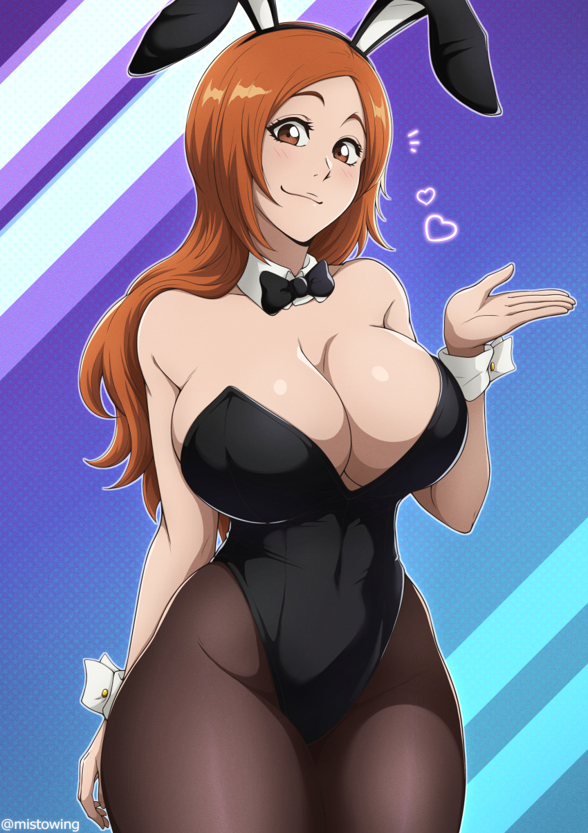 1girl absurdres animal_ears black_leotard bleach bleach:_sennen_kessen-hen blush bow bowtie breasts brown_eyes cleavage detached_collar fake_animal_ears highleg highleg_leotard highres inoue_orihime large_breasts leotard long_hair mistowing orange_hair pantyhose parted_bangs playboy_bunny rabbit_ears strapless strapless_leotard thighs wrist_cuffs