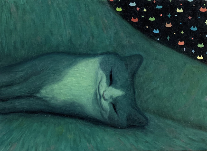 animal animal_focus cat closed_mouth commentary_request green_theme half-closed_eyes highres karin_hosono looking_at_viewer lying no_humans on_side original painting_(medium) realistic sideways solo traditional_media upper_body