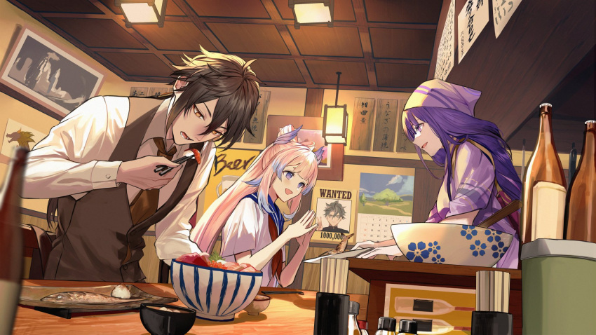 1boy 2girls black_hair black_vest blue_hair border0715 bottle bowl brown_necktie chopsticks collared_shirt commentary_request dutch_angle food genshin_impact head_scarf highres holding holding_chopsticks indoors japanese_clothes kimono long_hair multicolored_hair multiple_girls neckerchief necktie open_mouth pink_hair purple_eyes purple_hair purple_kimono raiden_shogun red_neckerchief restaurant sangonomiya_kokomi school_uniform serafuku shirt short_sleeves sitting sushi two-tone_hair vest white_serafuku white_shirt zhongli_(genshin_impact)