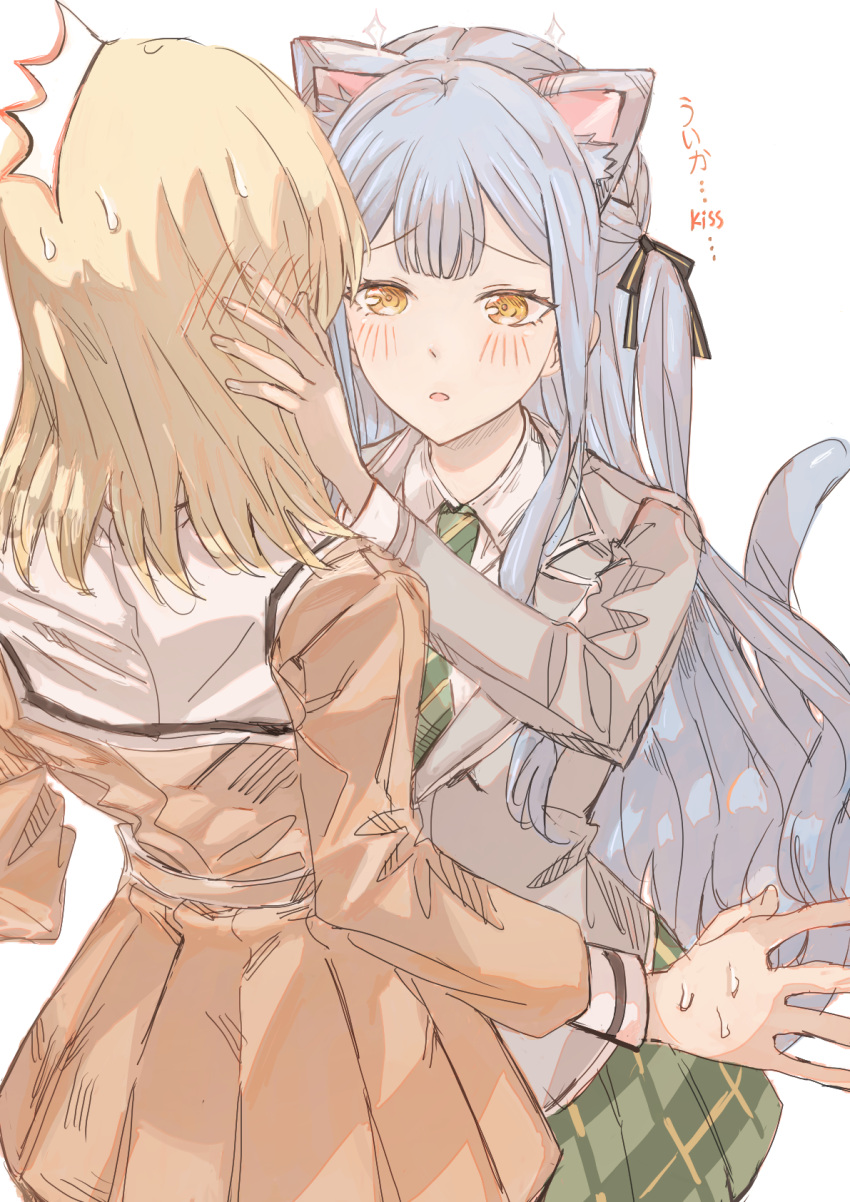 2girls animal_ear_fluff animal_ears bad_id bad_pixiv_id bang_dream! bang_dream!_it's_mygo!!!!! black_ribbon blonde_hair blush blush_visible_through_hair brown_dress cat_ears cat_girl cat_tail collared_shirt dress green_necktie green_skirt grey_jacket hair_ribbon hanasakigawa_school_uniform hand_on_another's_face haneoka_school_uniform highres jacket junjun_(kimi-la) kemonomimi_mode long_hair long_sleeves looking_at_another medium_hair misumi_uika multiple_girls necktie parted_lips plaid plaid_skirt pleated_skirt ribbon sailor_collar school_uniform shirt simple_background skirt sparkle sweatdrop tail togawa_sakiko translated two_side_up white_background white_sailor_collar white_shirt yellow_eyes yuri