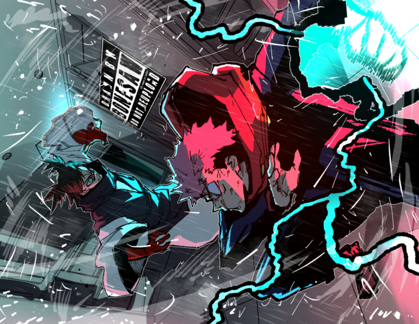 2boys absurdres artist_name bathroom battle black_eyes black_hair blank_eyes blood blood_on_hands bonesaw_(artist) choso_(jujutsu_kaisen) clenched_hand closed_mouth cursed_energy dutch_angle facial_tattoo fighting_stance fire_sprinkler gakuran glowing high_collar highres hood hoodie imminent_punch indoors itadori_yuuji japanese_clothes jujutsu_kaisen jujutsu_tech_uniform long_sleeves looking_at_another male_focus multiple_boys open_hand outline pants pink_hair red_footwear red_hood red_hoodie robe school_uniform short_hair small_pupils speed_lines spiked_hair tattoo tile_floor tiles twintails undercut v-shaped_eyebrows water_drop white_outline white_robe wide-eyed wide_sleeves