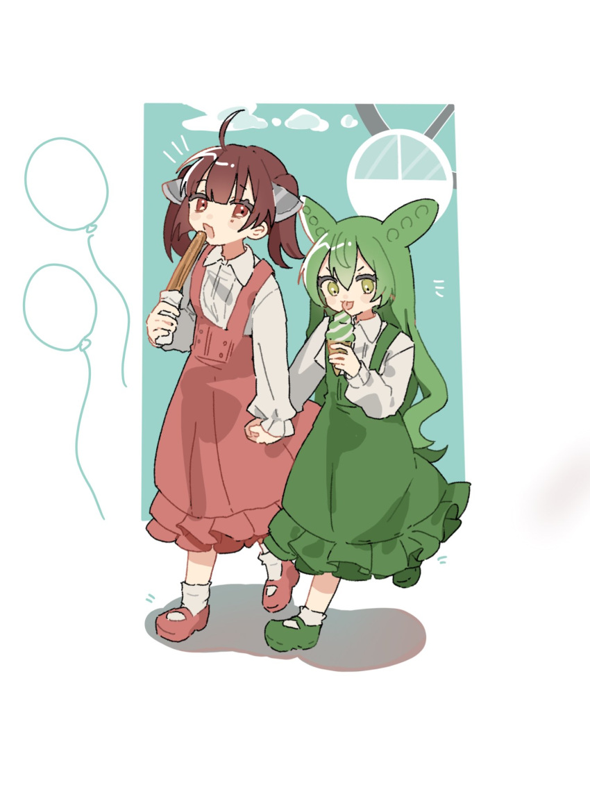 2girls ahoge alternate_costume balloon border brown_hair collared_shirt commentary eating food frilled_skirt frills green_footwear green_hair green_skirt headgear highres holding holding_food holding_hands holding_ice_cream ice_cream long_hair long_sleeves looking_at_viewer mary_janes matching_outfits medium_hair multiple_girls non_(nonnondesu00) open_mouth outside_border red_eyes red_footwear red_skirt shirt shoes skirt socks standing suspender_skirt suspenders tongue tongue_out touhoku_kiritan twintails voiceroid voicevox walking white_border white_shirt white_socks yellow_eyes zundamon