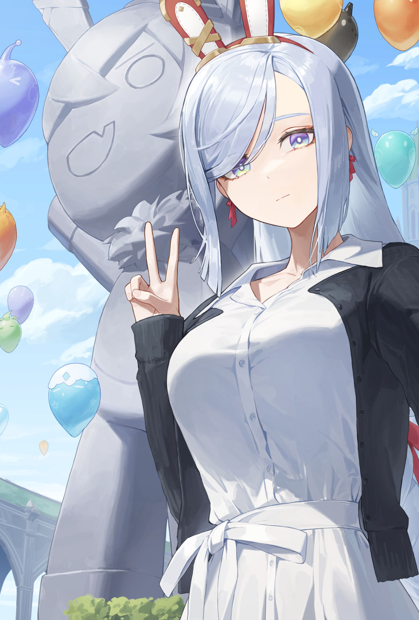 1girl absurdres alternate_costume animal_ears balloon baron_bunny_(genshin_impact) black_jacket blue_hair blue_sky breasts closed_mouth cloud cloudy_sky cotta_(heleif) day expressionless fake_animal_ears genshin_impact highres jacket large_breasts light_blue_hair long_hair looking_at_viewer mixed-language_commentary open_clothes open_jacket outdoors purple_eyes rabbit_ears selfie shenhe_(genshin_impact) shirt shirt_tucked_in skirt sky solo statue swept_bangs upper_body v white_shirt white_skirt