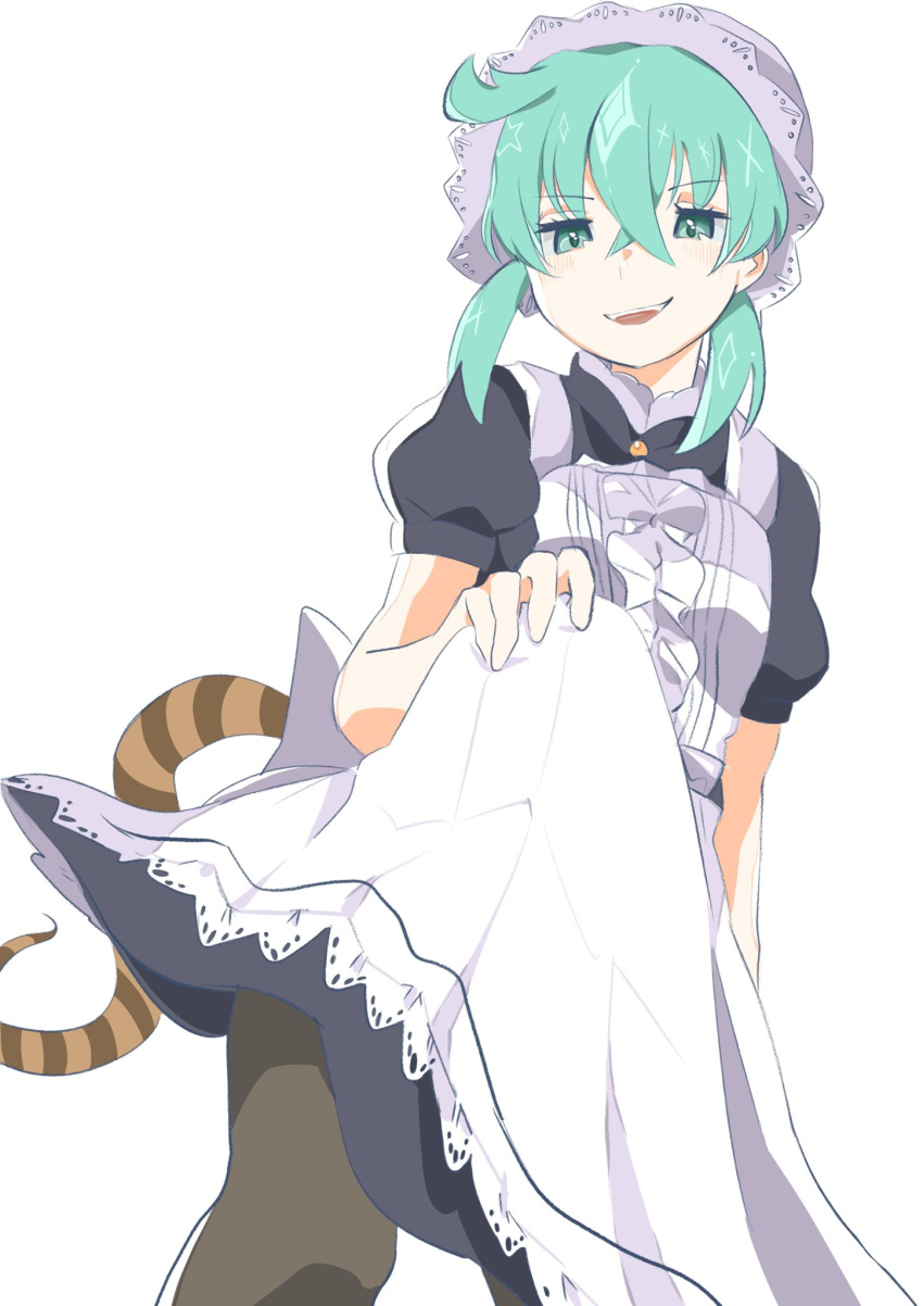 1girl alternate_costume apron black_dress black_pantyhose blue_eyes blue_hair blush center_frills collar dress enmaided frilled_apron frilled_collar frills hair_between_eyes high_collar highres kamisamanosaba kemono_friends kemono_friends_3 looking_at_viewer maid official_alternate_costume pantyhose puffy_short_sleeves puffy_sleeves short_sleeves sidelocks smile snake_girl snake_print snake_tail solo tail tsuchinoko_(kemono_friends) white_apron white_hat