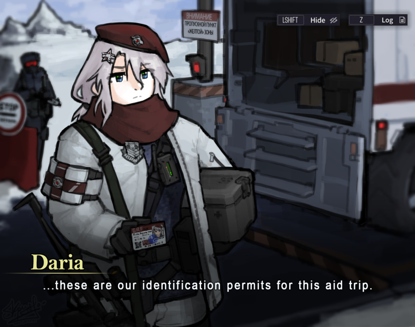 1boy 1girl 9a-91 9a-91_(girls'_frontline) alternate_costume assault_rifle beret blue_eyes box card codename:_bakery_girl english_commentary english_text girls'_frontline gnom_na_korable grey_hair griffin_&amp;_kryuger gun gun_sling hair_ornament hat highres holding holding_box holding_card holding_gun holding_weapon id_card jacket motor_vehicle red_scarf reverse_collapse_(series) rifle russian_text scarf scope sign star_(symbol) star_hair_ornament translated truck warning_sign weapon white_jacket