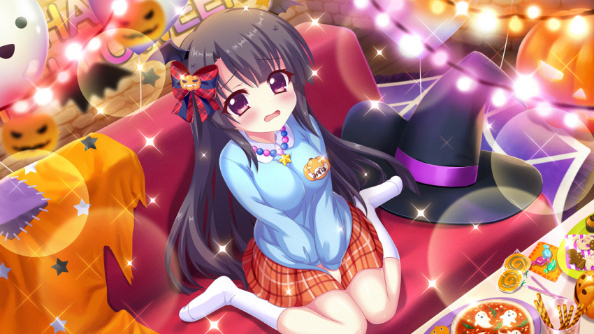 1girl balloon bat_wings black_hair black_hat blue_bow blue_shirt blush bow breasts brick_wall candy cookie couch dot_nose embarrassed film_grain food from_above game_cg ghost hair_bow halloween happy_halloween hat head_wings ichikishima_mizuha izumi_tsubasu jack-o'-lantern jewelry lens_flare lollipop long_hair looking_at_viewer medium_breasts name_tag napkin necklace no_shoes non-web_source official_art on_couch open_mouth patch plaid plaid_bow plaid_skirt plate pocky purple_eyes re:stage! red_bow red_skirt shirt sitting skirt skirt_tug socks solo sparkle star_(symbol) star_print straight_hair string_of_light_bulbs two-tone_bow unworn_hat unworn_headwear wariza white_socks wings witch_hat