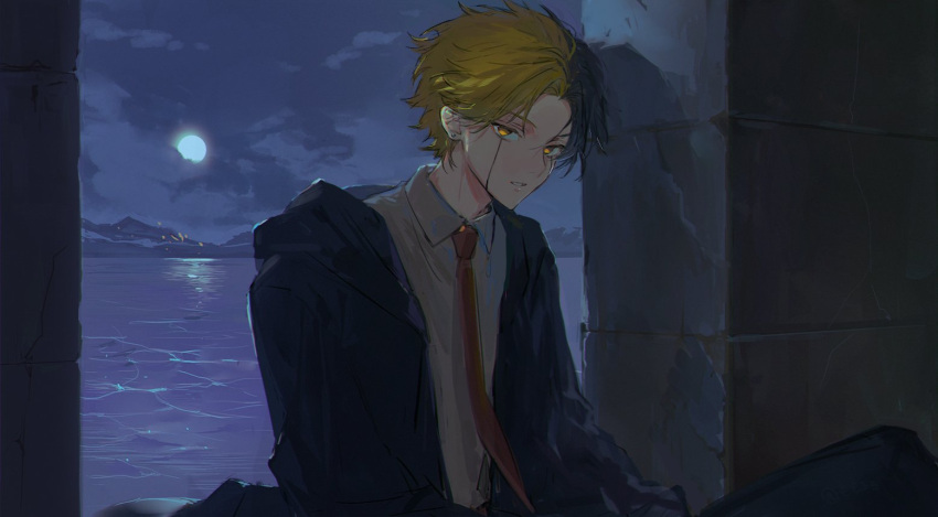 1boy black_hair black_robe blonde_hair cloud collared_shirt facial_mark looking_at_viewer mashle mm39572 moon necktie night parted_lips rayne_ames red_necktie robe shadow shirt upper_body water white_shirt yellow_eyes
