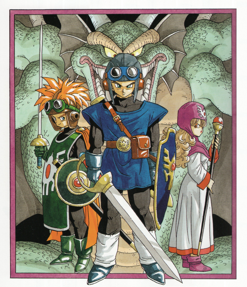 1girl 2boys absurdres ankle_boots aqua_gloves aviator_cap belt black_bodysuit blue_eyes blue_tunic bodysuit boots border brown_belt cape colored_sclera commentary dragon dragon_quest dragon_quest_ii dress fanny_pack fins frown full_body gloves goggles goggles_on_head green_footwear green_tunic hair_between_eyes hand_up head_fins height_difference highres holding holding_staff holding_sword holding_weapon leg_warmers light_brown_hair lineup long_dress long_hair long_sleeves looking_at_viewer multiple_boys official_art orange_cape orange_hair pink_border pink_footwear pink_turban prince_of_lorasia prince_of_samantoria princess_of_moonbrook red_eyes scabbard scales serious sharp_teeth sheath sheathed shield sideways_glance smile spiked_hair staff standing sword teeth toriyama_akira tunic turban wavy_hair weapon white_border white_dress white_leg_warmers wings yellow_sclera