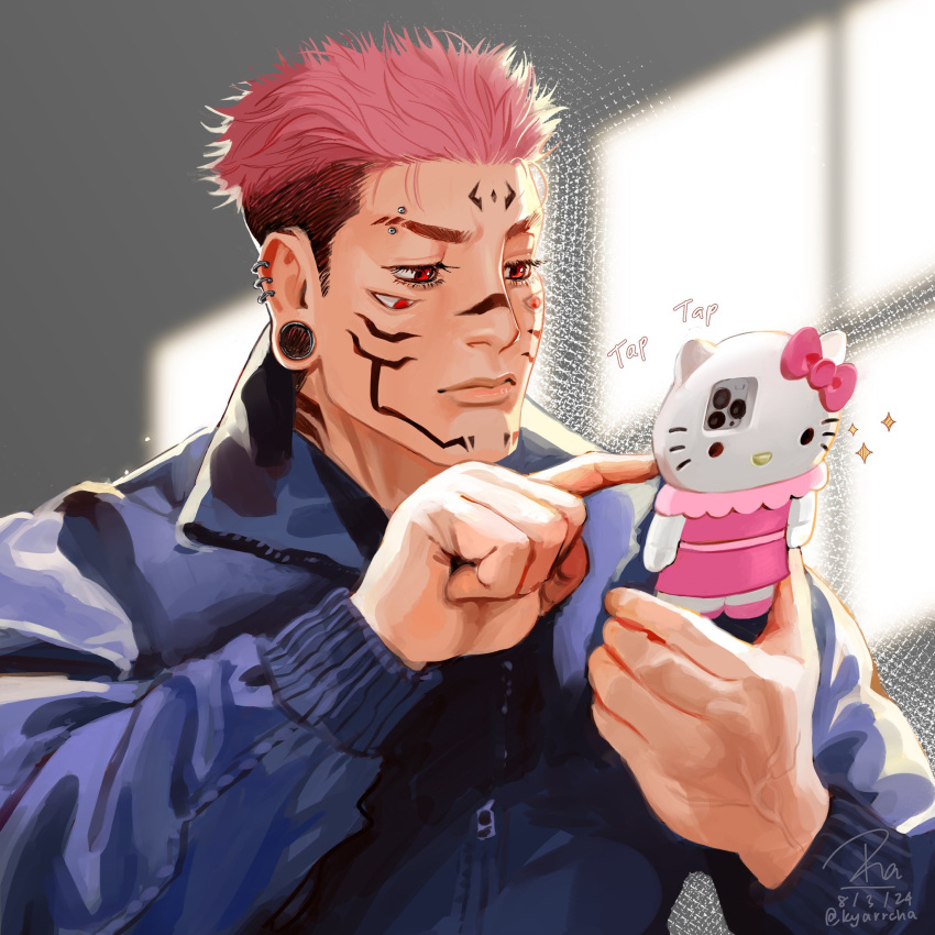 1boy alternate_costume black_hair extra_eyes fabulous hello_kitty hello_kitty_phonecase_(meme) hello_kitty_print highres holding holding_phone jacket jujutsu_kaisen kyarrcha_(matchapichai) looking_at_phone male_focus meme ornate_phone_case phone photo-referenced pink_hair red_eyes ryoumen_sukuna_(jujutsu_kaisen) sanrio short_hair solo spiked_hair tapping_finger undercut upper_body