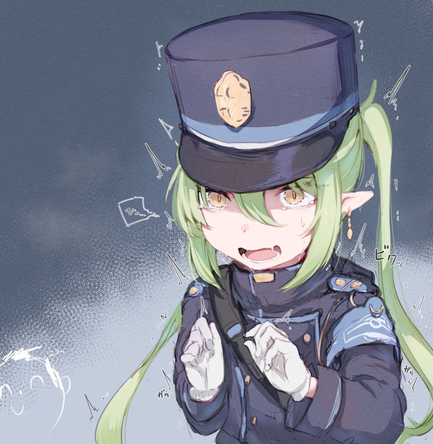 1boy 1girl black_hat black_jacket blue_archive crying crying_with_eyes_open doodle_sensei_(blue_archive) earrings fang gloves gradient_background green_hair grey_background hands_up hat highlander_twintails_conductor_(blue_archive) highres jacket jewelry long_hair long_sleeves mok4suke open_mouth peaked_cap pointy_ears scared sensei_(blue_archive) shaded_face skin_fang solo_focus tears train_conductor twintails twitching upper_body white_gloves yellow_eyes