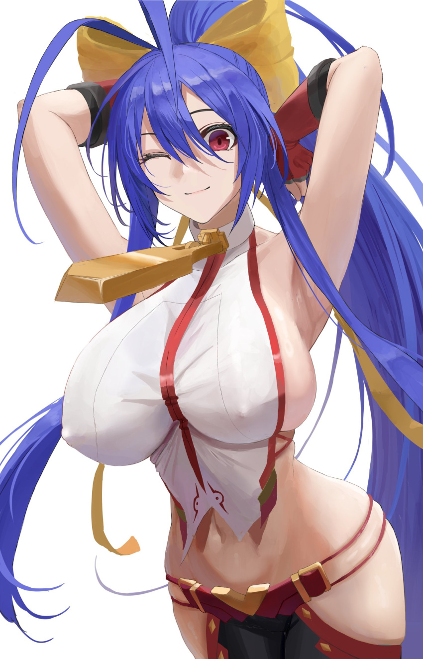 1girl antenna_hair backless_outfit blazblue blazblue:_central_fiction blazblue_remix_heart blazblue_variable_heart blue_hair blush bow breasts covered_nipples gloves hair_between_eyes hair_bow highres kaeru_(meriruou) large_breasts long_hair looking_at_viewer mai_natsume navel ponytail revealing_clothes ribbon sideboob sidelocks smile solo very_long_hair yellow_bow