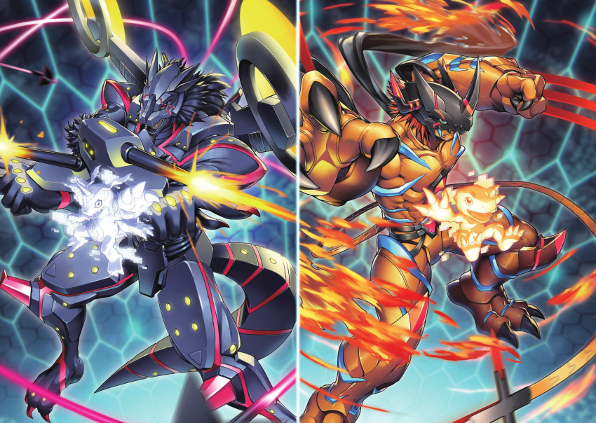 1boy abs agumon agumon_-yuki_no_kizuna- arm_cannon armor black_hair blue_stripes claws clenched_hand colored_skin commentary_request crossed_arms crotch_plate dark-skinned_male dark_skin digimon digimon_(creature) digimon_card_game dinosaur dual_arm_cannons evolutionary_line fewer_digits fire firing full_armor glowing_lines green_eyes helmet highres horns mask mechanical_wings muscular muscular_male official_art orange_skin outstretched_arm red_eyes red_hair red_nails scarf second-party_source sharp_teeth single_horn tail teeth tonami_kanji weapon wings