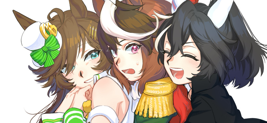 3girls ahoge animal_ears bare_shoulders black_hair black_jacket brown_hair closed_eyes ear_covers epaulettes green_eyes green_shirt hair_between_eyes hair_ornament hair_over_one_eye hairclip hat highres horse_ears horse_girl hug hug_from_behind jacket jewelry katsuragi_ace_(umamusume) long_hair looking_at_another mini_hat mini_top_hat mr._c.b._(umamusume) multicolored_hair multiple_girls omotil open_mouth ponytail purple_eyes shirt single_epaulette smile streaked_hair sweat symboli_rudolf_(umamusume) top_hat umamusume white_background white_hair