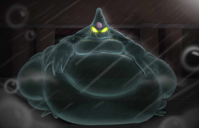 absurd_res anthro belly_overhang blue_body bottom_heavy chaos_(sonic) elemental_creature glowing glowing_eyes green_eyes hi_res huge_hips male moobs morbidly_obese morbidly_obese_anthro morbidly_obese_male obese obese_anthro obese_male overweight overweight_anthro overweight_male raining sega shweetmagnet solo sonic_adventure sonic_the_hedgehog_(series) translucent translucent_body water water_creature wide_hips