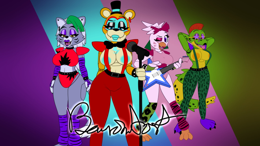 16:9 2023 4_fingers 4k abstract_background absurd_res accessory alligator alligatorid animatronic anthro areola areola_slip arm_warmers armwear artist_name avian beak beanontoast bear bedroom_eyes big_breasts big_tail bird blue_body blue_eyes blue_lipstick bottomwear bow_ribbon bow_tie breasts canid canine canis chicken claws clothing crocodilian crop_top crossgender curvy_figure digital_drawing_(artwork) digital_media_(artwork) ear_piercing ear_ring electric_guitar electronics eyelashes eyeshadow eyewear female fingerless_gloves fingers five_nights_at_freddy's five_nights_at_freddy's:_security_breach galliform gallus_(genus) glamrock_chica glamrock_freddy gloves green_body green_hair green_highlights grey_body grey_hair group guitar hair hair_accessory hair_bow hair_ribbon hands_behind_head handwear hat headgear headwear hi_res highlights_(coloring) hotpants leg_warmers legwear leotard lipstick long_tail looking_at_viewer machine makeup mammal microphone microphone_stand mohawk montgomery_gator mtf_crossgender multicolored_body musical_instrument narrowed_eyes one_eye_closed open_mouth open_smile orange_body phasianid piercing pink_eyeshadow plucked_string_instrument purple_eyes purple_eyeshadow purple_lipstick red_hair red_lipstick reptile ribbons ring_piercing robot roxanne_wolf scalie scottgames seductive segmented_arms segmented_body segmented_tail sharp_teeth shirt short_hair shorts shoulder_pads signature smile steel_wool_studios string_instrument sunglasses suspenders tail tan_body teeth thick_thighs tongue tongue_out top_hat topwear two_tone_body voluptuous white_body white_hair wide_hips widescreen wink winking_at_viewer wolf yellow_body yellow_eyes