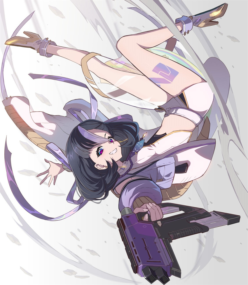 1girl black_hair goddess_of_victory:_nikke gold_footwear gun high_heels highres holding holding_gun holding_weapon jacket long_sleeves looking_at_viewer medium_hair midair multicolored_hair open_clothes open_jacket purple_eyes purple_hair skirt smile solo syope syuen_(nikke) teeth weapon white_jacket white_skirt