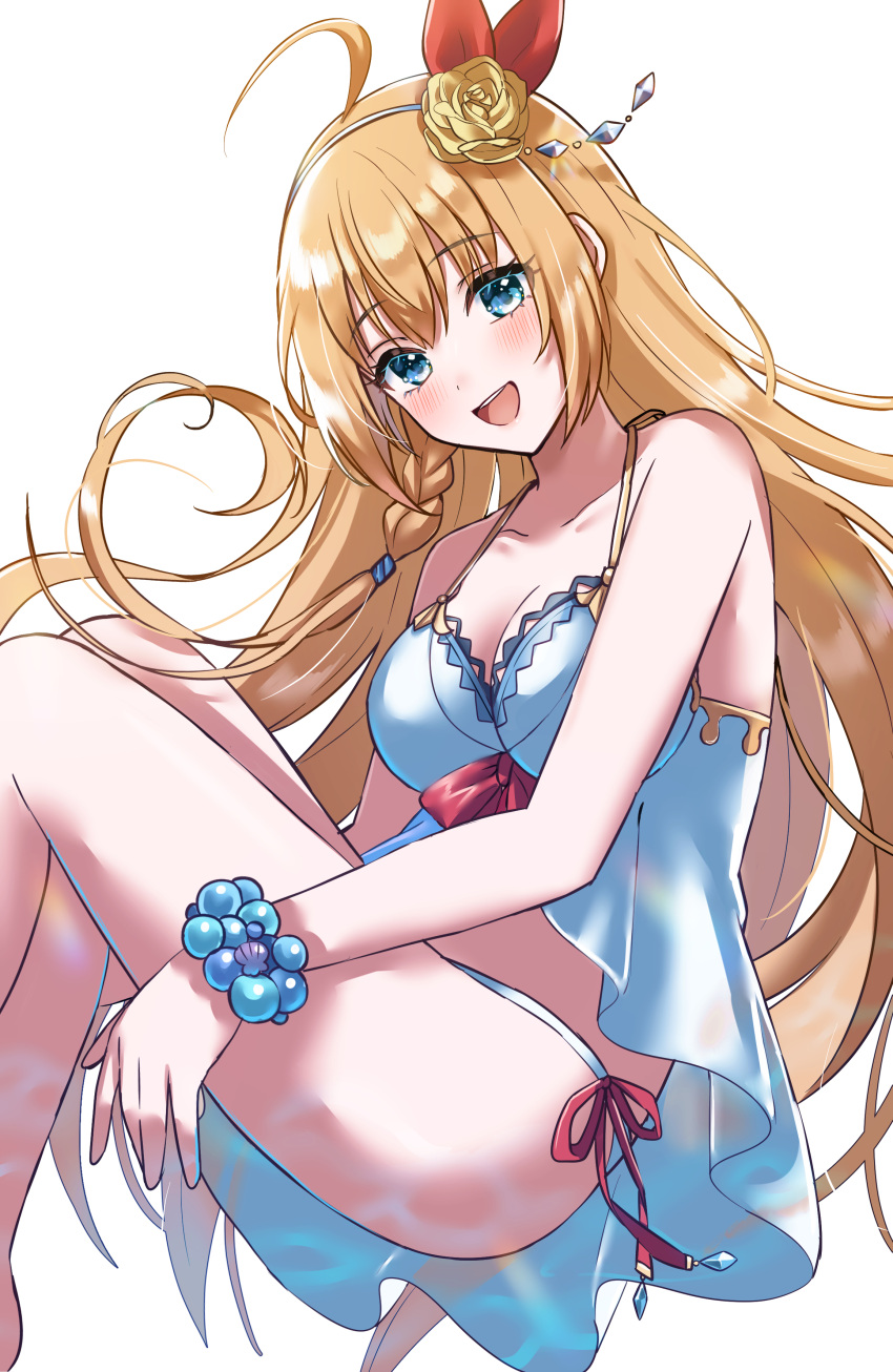 1girl absurdres ahoge babydoll bead_bracelet beads bikini blue_eyes blush bracelet braid breasts cleavage commentary flower hair_flower hair_ornament hairband highres jewelry large_breasts long_hair looking_at_viewer open_mouth orange_hair pecorine_(princess_connect!) pecorine_(summer)_(princess_connect!) princess_connect! red_ribbon ribbon rose shinzousan side_braid simple_background smile solo swimsuit white_background white_bikini white_hairband yellow_flower yellow_rose