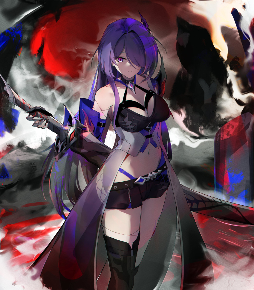 1girl acheron_(honkai:_star_rail) bandaged_leg bandages black_shorts breasts cleavage coat commentary elphe feet_out_of_frame hair_over_one_eye highres holding holding_sword holding_weapon honkai:_star_rail honkai_(series) katana large_breasts long_hair looking_at_viewer midriff navel purple_eyes purple_hair scabbard sheath sheathed short_shorts shorts single_bare_shoulder solo standing stomach sword very_long_hair weapon