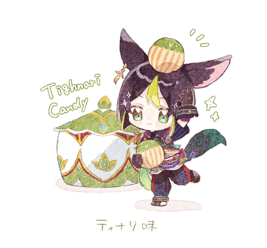 1boy animal_ear_fluff animal_ears arm_up black_gloves black_hair black_pants blunt_ends blush blush_stickers boots brown_eyes brown_gloves candy cape capri_pants character_name chibi closed_mouth commentary_request drawstring earrings food fox_boy fox_ears fox_tail genshin_impact gloves green_cape green_eyes green_hair hair_between_eyes holding holding_food hood hood_down hoodie jar jewelry leg_up looking_at_viewer male_focus medal multicolored_clothes multicolored_eyes multicolored_hair nekorune_(bukubuku_awai) notice_lines pants pouch purple_sash rope sash short_hair short_sleeves simple_background single_earring smile solo sparkle standing standing_on_one_leg streaked_hair tail tassel tighnari_(genshin_impact) translation_request two-tone_gloves vision_(genshin_impact) white_background wrist_cuffs