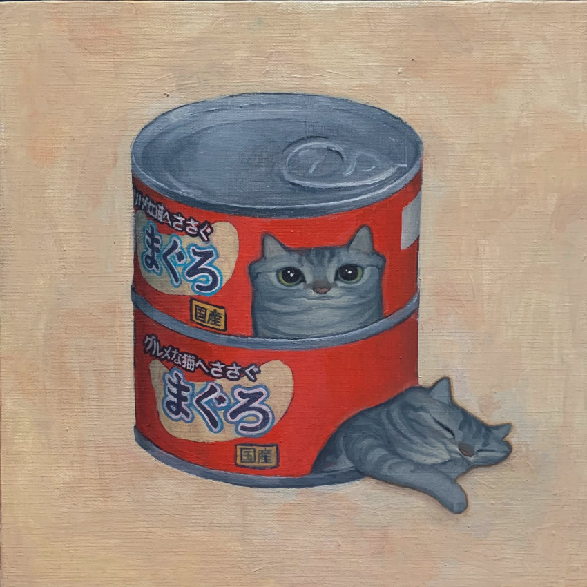 animal animal_focus can canned_food cat closed_eyes commentary_request grey_cat highres karin_hosono no_humans orange_background original painting_(medium) pet_food realistic simple_background traditional_media translation_request