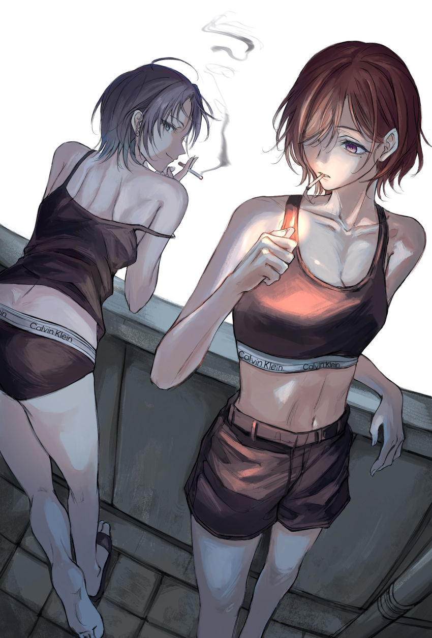 2girls absurdres asakura_toru balcony black_tank_top brown_hair calvin_klein cigarette denim denim_shorts highres higuchi_madoka holding holding_cigarette idolmaster idolmaster_shiny_colors multicolored_hair multiple_girls short_hair shorts simple_background smoking sports_bra sushizanmai_(sorahaaoi7) tank_top underwear white_background