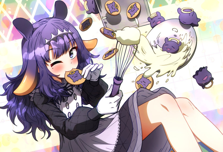 1girl apron black_dress blush cookie ddolbang dress food gloves highres holding holding_cookie holding_food holding_whisk hololive hololive_english mole mole_under_eye ninomae_ina'nis ninomae_ina'nis_(6th_costume) official_alternate_costume one_eye_closed purple_eyes purple_hair smile solo takodachi_(ninomae_ina'nis) tentacle_hair virtual_youtuber whisk white_apron white_gloves